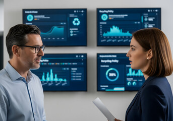 A middle-aged man and a young adult woman stand facing each other, discussing data displayed on multiple screens