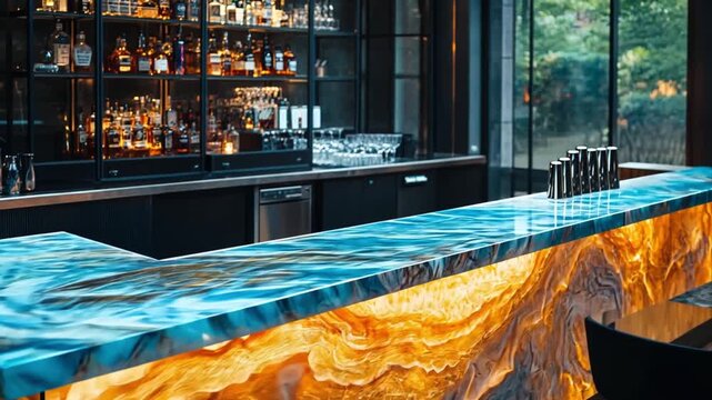 Elegant backlit bar counter displaying an abstract design illuminated beautifully highlighting the rich textures and upscale atmosphere inviting luxury