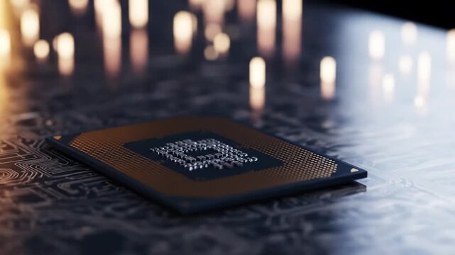 Realistic silicon CPU close-up, shallow depth of field, tech cinematic look