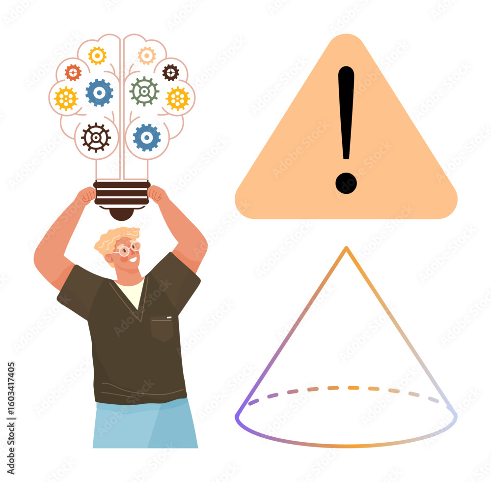 Poster man with lightbulb containing gears over his head, triangle with exclamation mark, and wireframe pyr