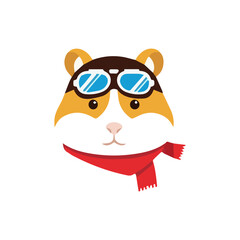 Naklejka premium The head of a cute hamster pilot wearing vintage aviator goggles and a red scarf. A brave and adventurous character mascot for a startup, tech company, or travel brand. Flat vector icon.