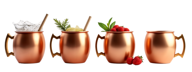 A set  three copper mugs with handles and handles on a white background.