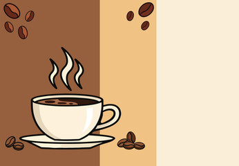 A warm vector illustration of a steaming cup of coffee with coffee beans on a saucer, featuring a minimalist and cozy color palette. Perfect for morning routine concepts, café menus, or branding.