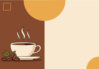 A warm vector illustration of a steaming cup of coffee with coffee beans on a saucer, featuring a minimalist and cozy color palette. Perfect for morning routine concepts, café menus, or branding.
