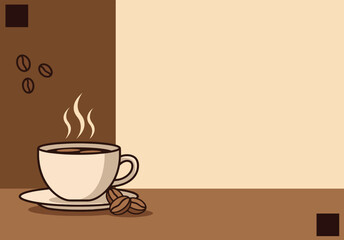 A warm vector illustration of a steaming cup of coffee with coffee beans on a saucer, featuring a minimalist and cozy color palette. Perfect for morning routine concepts, café menus, or branding.