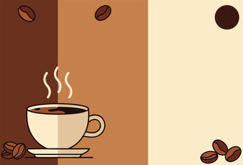 A warm vector illustration of a steaming cup of coffee with coffee beans on a saucer, featuring a minimalist and cozy color palette. Perfect for morning routine concepts, café menus, or branding.