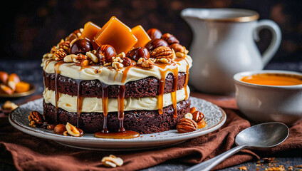 Chocolate caramel dessert with syrup, stacked beautifully on breakfast table