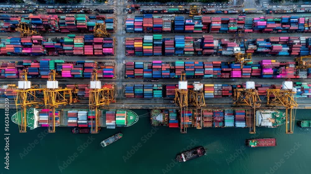Poster an aerial view of a bustling harbor where numerous cranes are unloading colorful containers from mul
