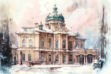 Fototapeta premium Watercolor illustration of a historic building in a winter landscape. 