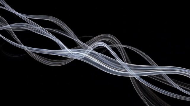 Floating light ribbons weaving in 3D space, black backdrop, elegant and detailed
