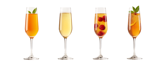 Three glasses  champagne with different types  drinks in them.