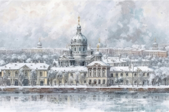 Winter cityscape with a view of a majestic cathedral in classical style.  
