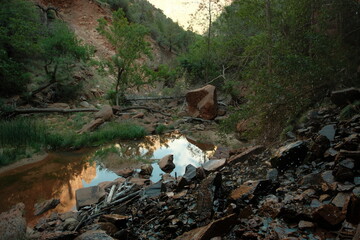 Reflection of sky and nature in calm water at Emerald Pools hike Zion National Park utah in summer...
