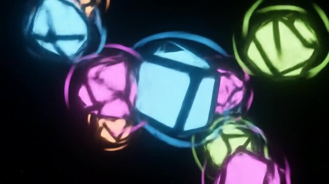 Glowing polygon shapes rotating in space, abstract motion, no other objects