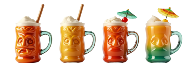 Three different colored mugs with faces on them with straws sticking out  them.