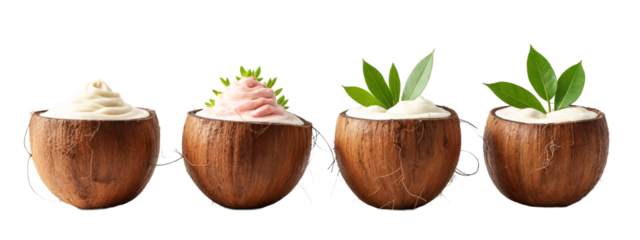 A   three coconuts with whipped cream and green leaves on top  them.
