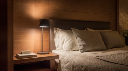 Softly lit modern bedroom with bedside lamps, textured bedding, and elegant simplicity