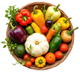 Assorted exotic vegetables in a large basket showcasing a variety of fresh produce from the local market