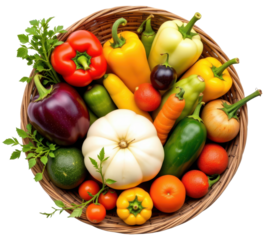 Assorted exotic vegetables in a large basket showcasing a variety of fresh produce from the local market