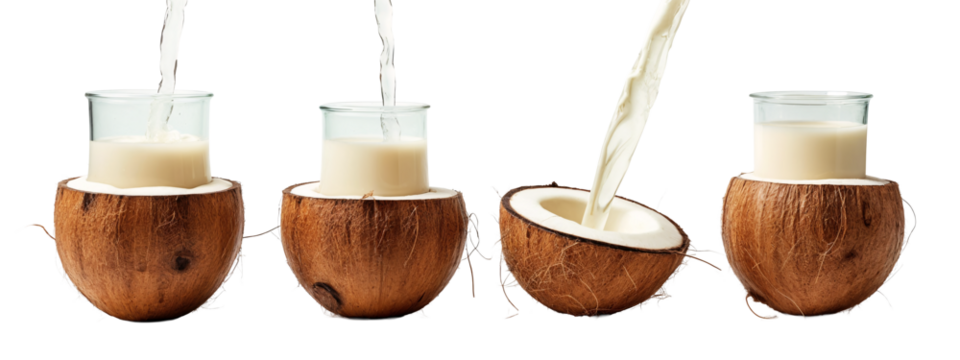 Three coconuts with milk being poured into them.