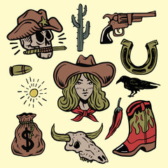 Western Cowboy Hand Drawn Illustration Vector Set Horses Cowboy Hat Boots, Cactus, Cow Skull