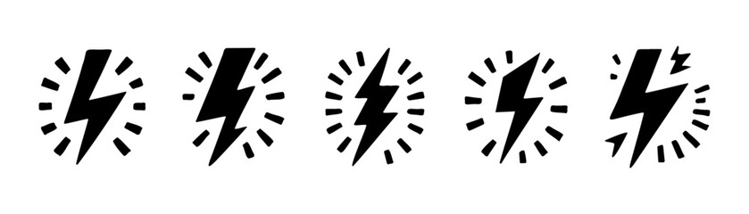 Set of Hand Drawn Lightning Bolt Icons with Radiating Energy Lines