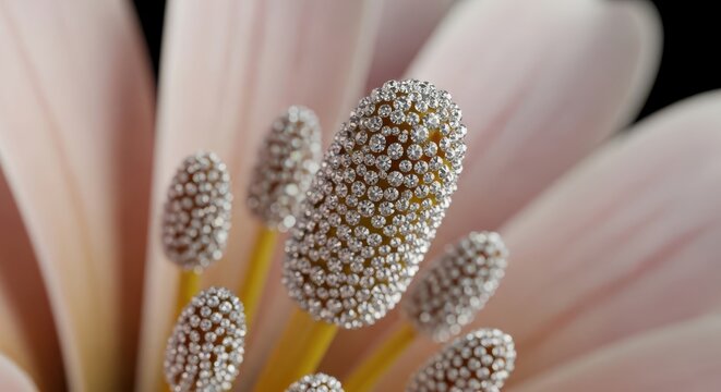 Close up of flower stamen covered in sparkling rhinestones with soft pink petals pollen pistil