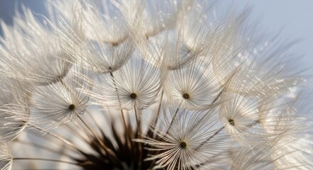 Close up of fluffy white dandelion seeds against a pale blue sky image