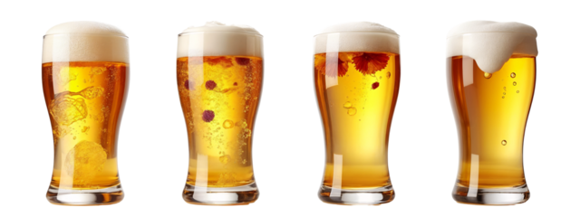 Three glasses  beer are shown side by side on a white background.