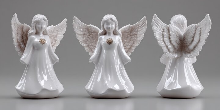 Three ceramic angel figurines, each exquisitely crafted, stand in a row. The middle angel faces forward, while the others flank it in profile and rear view, showcasing detailed wing and gown designs. - Powered by Adobe