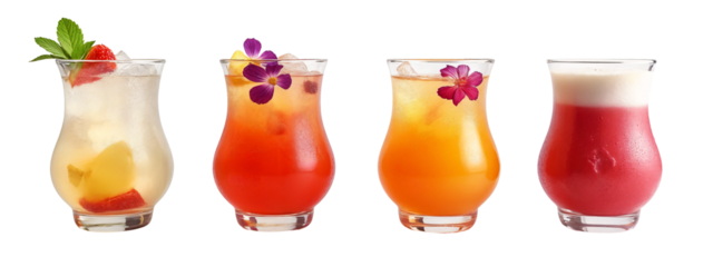 Three different colored drinks are lined up in a row.