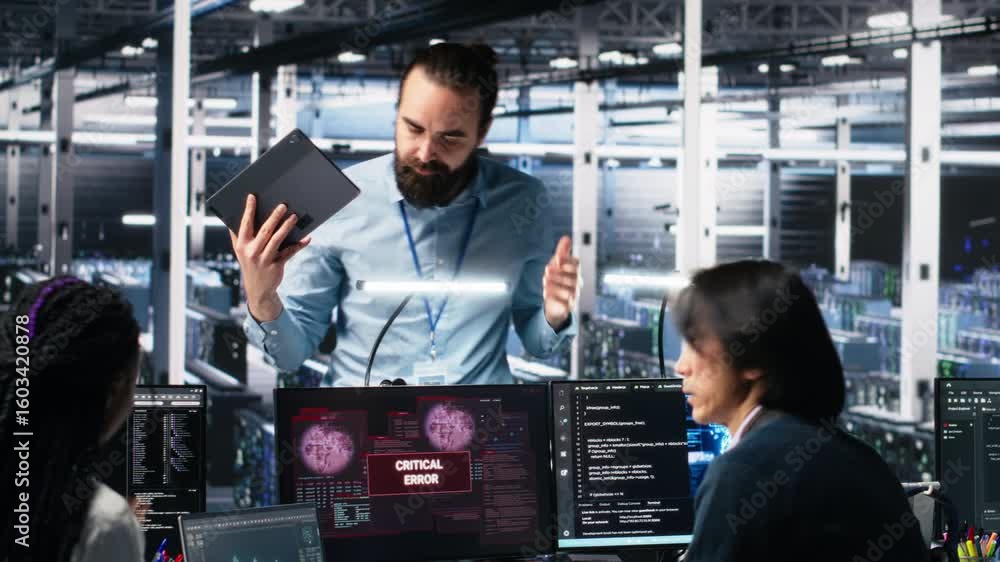 Poster data center manager coordinating programmers fixing critical error while using ai. server room team 