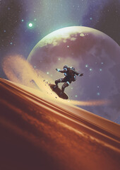 A futuristic astronaut rides a board down a massive sand dune on an alien desert world beneath a glowing ringed planet, digital art style, illustration painting