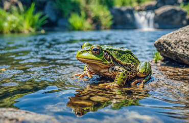 Frog swimming in shallow stream near forest, body half submerged in water