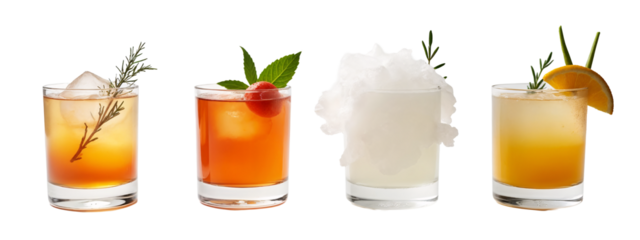 Three glasses filled with different types  drinks on a white surface.