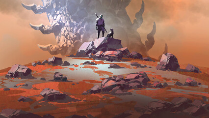 A traveler with a dog stands on rocky alien terrain, gazing at an enormous, strange rock formation rising through the orange mist, digital art style, illustration painting