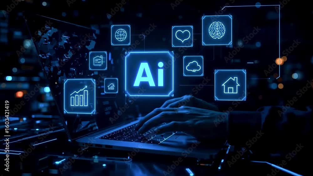 Poster hands typing on a laptop displaying glowing ai icons, showcasing technology integration in modern li