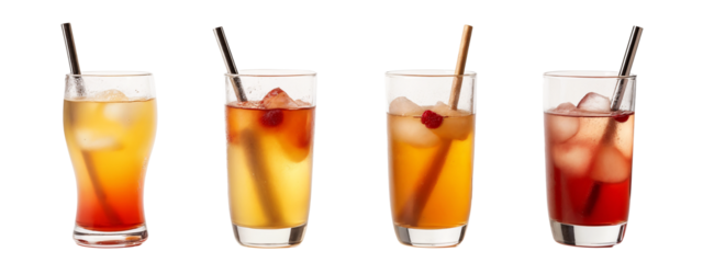 Three glasses  iced tea with straws and ice cubes in them.