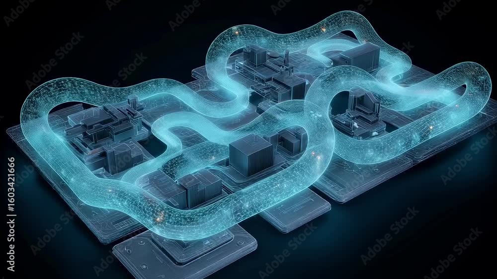 Poster complex network of interconnected buildings forming a smart city, with data streams flowing seamless