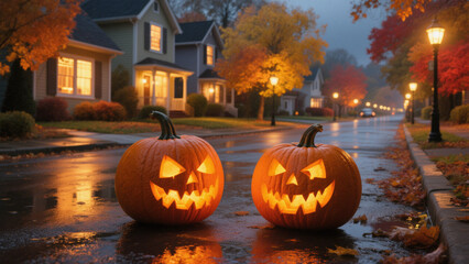 A suburban street bathed in the warm glow of autumn, with two intricately carved jack-o'-lanterns glowing brightly on the wet pavement. Halloween, Halloween Costumes, Halloween Background