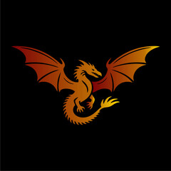 Fiery orange dragon in flight, wings outstretched, against a black background.  A stylized, gradient design.