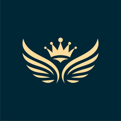 Obraz premium Golden crown with spread wings, emblem design on a dark background.
