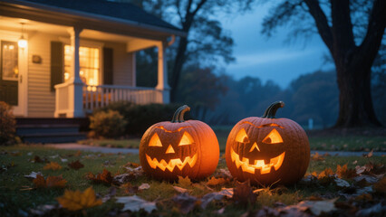 Obraz premium A twilight scene featuring two intricately carved jack-o'-lanterns glowing warmly on a leaf-strewn lawn. Halloween, Halloween Costumes, Halloween Background, Happy Halloween