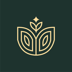 Elegant, stylized logo featuring a pair of stylized leaves and a sprout, set against a dark background.