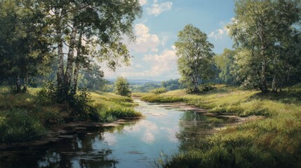 Serene landscape with a calm stream reflecting sky, bordered by trees and meadow