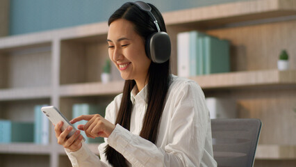 Joyful glad Japanese Chinese business woman female businesswoman girl Korean student worker in...