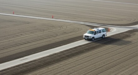 a white truck driving down a dirt road