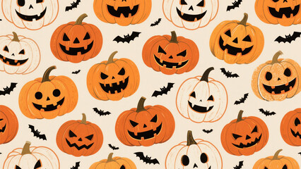 A spooky and festive Halloween-themed pattern featuring a collection of hand-drawn, carved pumpkins with expressive faces on a light beige background. Halloween, Halloween Costumes
