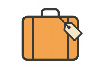 Orange travel suitcase featuring attached label, representing journey preparation, positioned against transparent backdrop