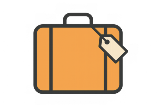 Orange travel suitcase featuring attached label, representing journey preparation, positioned against transparent backdrop